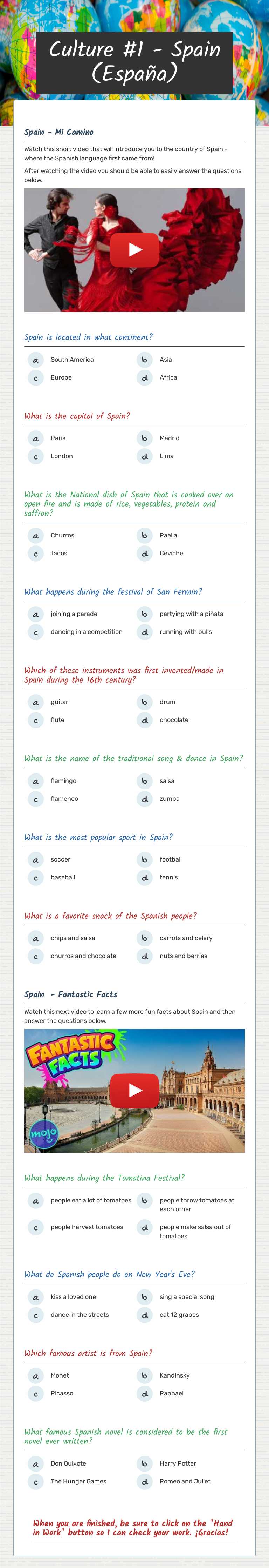 Culture #1 -  Spain (España) worksheet preview image