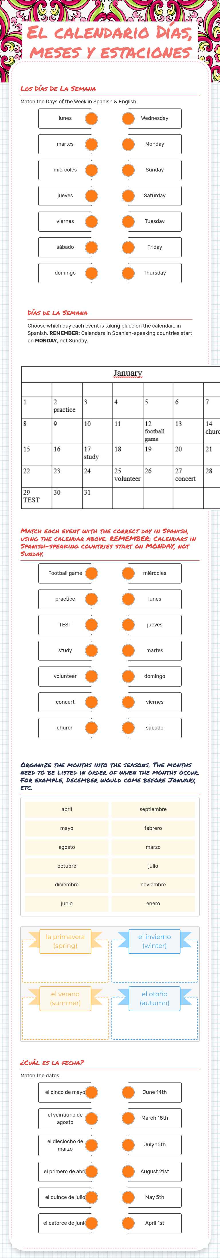El calendario Días, meses y estaciones worksheet preview image