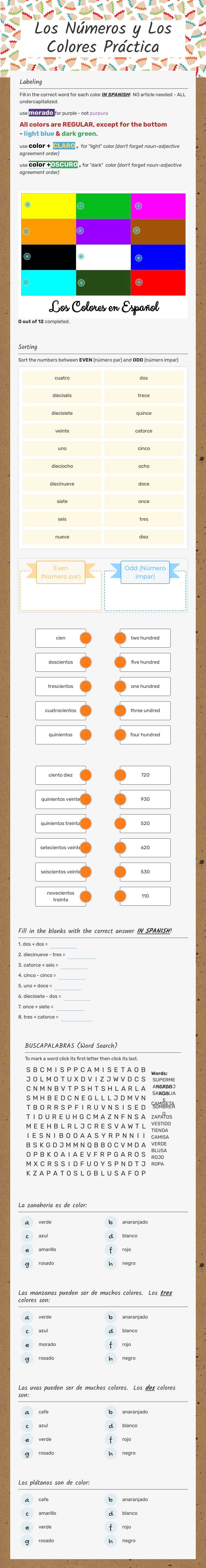 Los Números y Los Colores Práctica Grade 6 worksheet preview