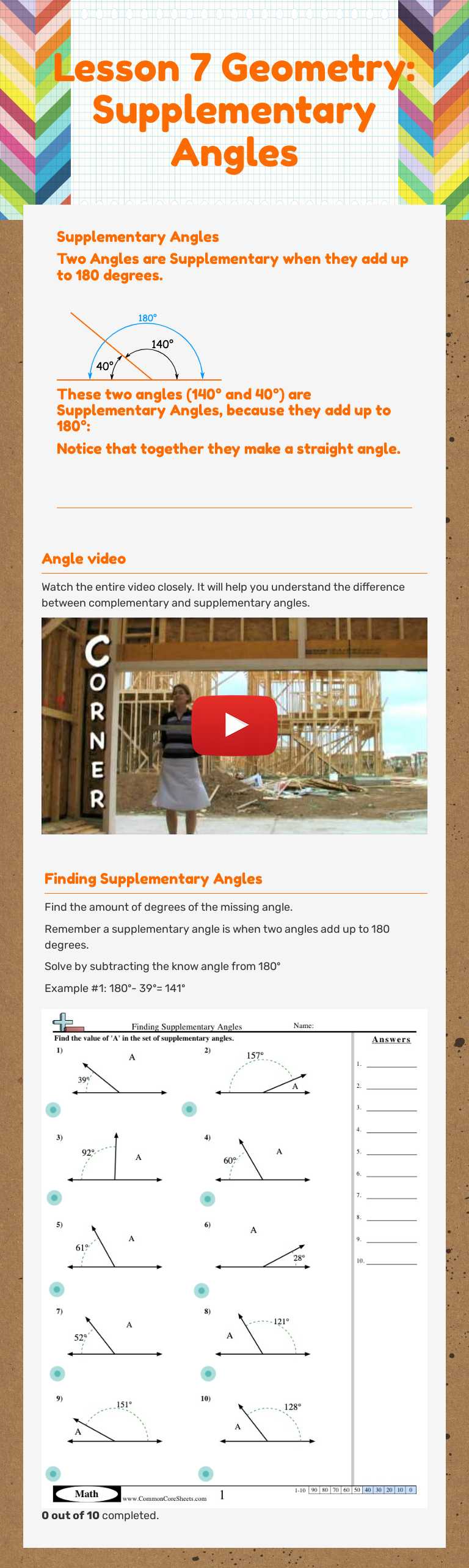 Lesson 7 Geometry: Supplementary Angles by KEVIN BAUER | Interactive ...