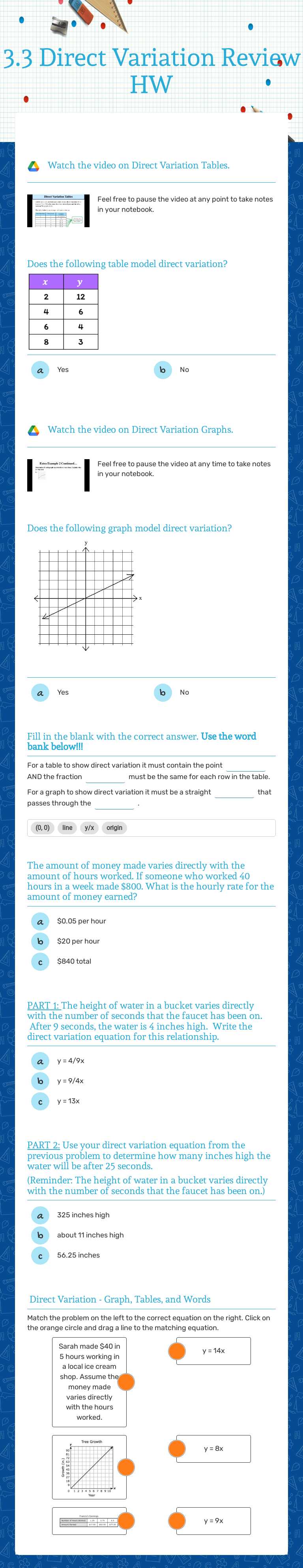 3.3 Direct Variation 
Review HW Grade 7 worksheet preview