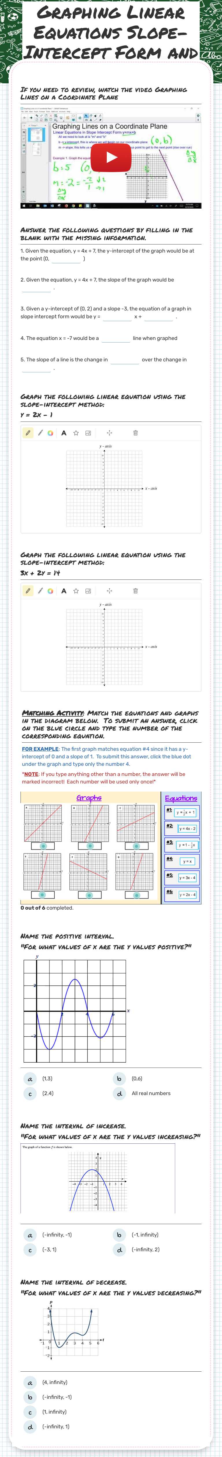 Graphing Linear Equations Slope-Intercept Form and Key Feature review worksheet preview image