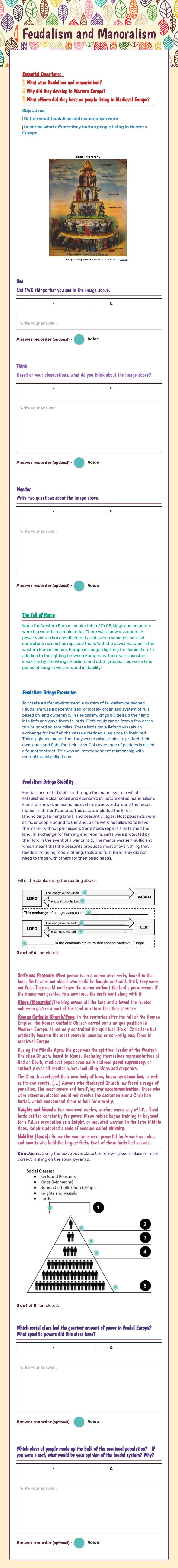Feudalism and Manoralism worksheet preview image