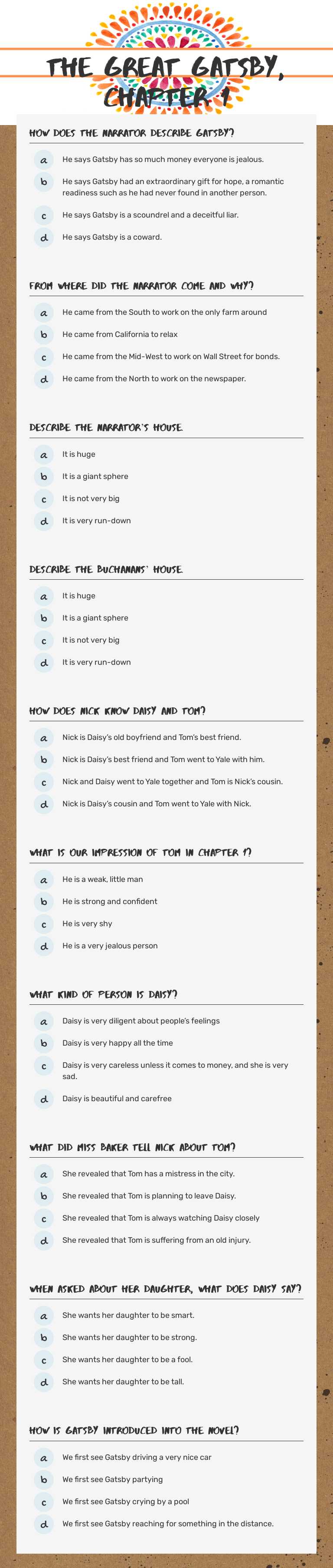 Quiz on The Great Gatsby Chapter 1: Test your knowledge of key ...