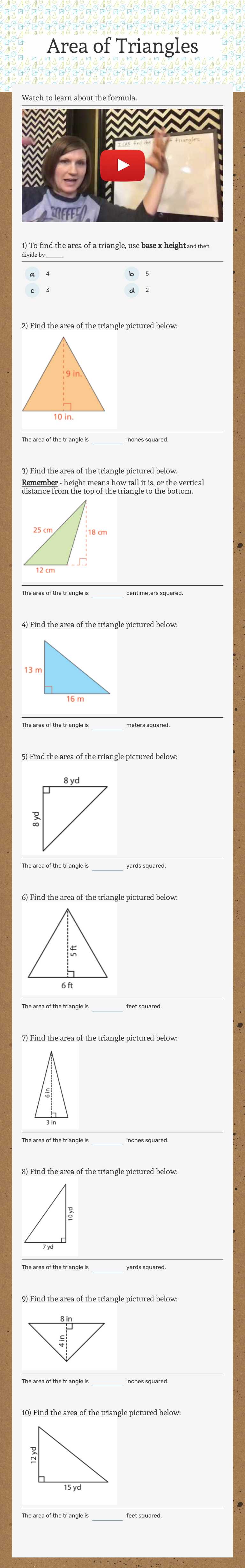 Area of Triangles worksheet preview image