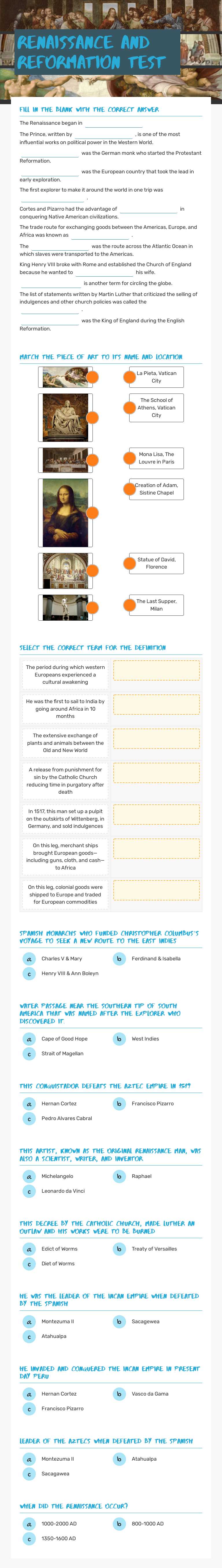 Renaissance and Reformation Test worksheet preview image