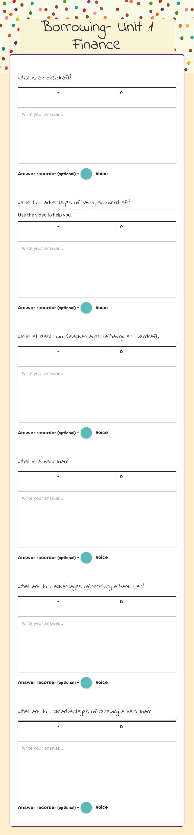 Borrowing- Unit 1 Finance worksheet preview image