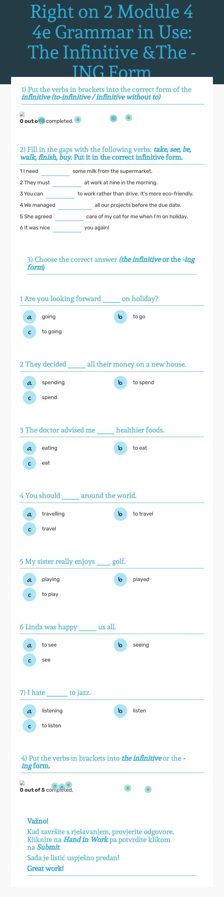 Right on 2 Module 4    4e Grammar in Use: The Infinitive &The -ING Form worksheet preview image