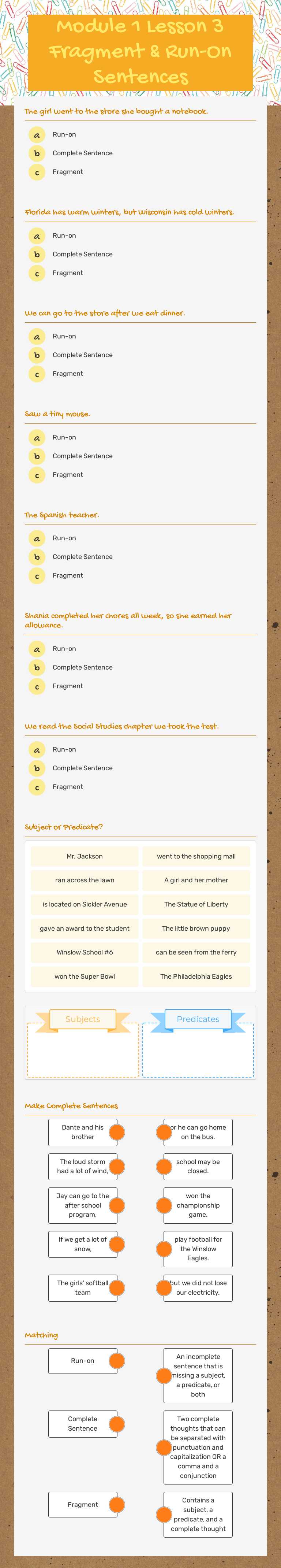 Module 1 Lesson 3 Fragment & Run-On Sentences worksheet preview image