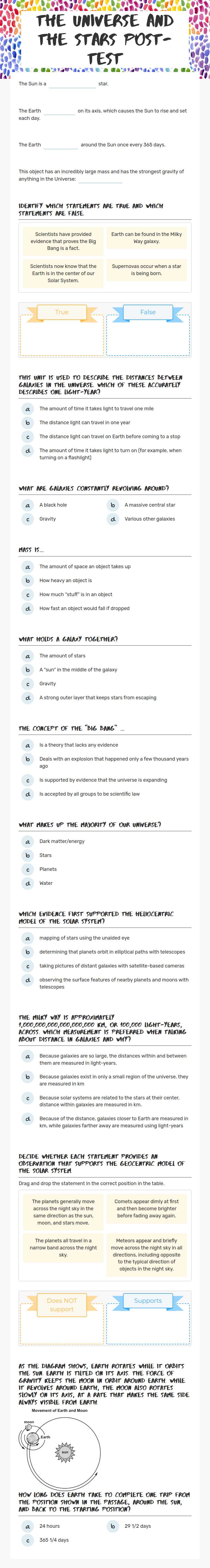 The Universe and the Stars Post-Test worksheet preview image