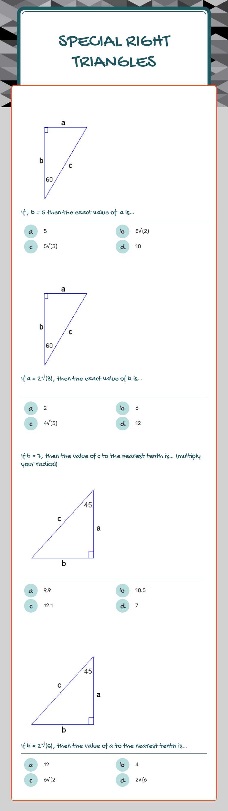 Special Right Triangles worksheet preview image