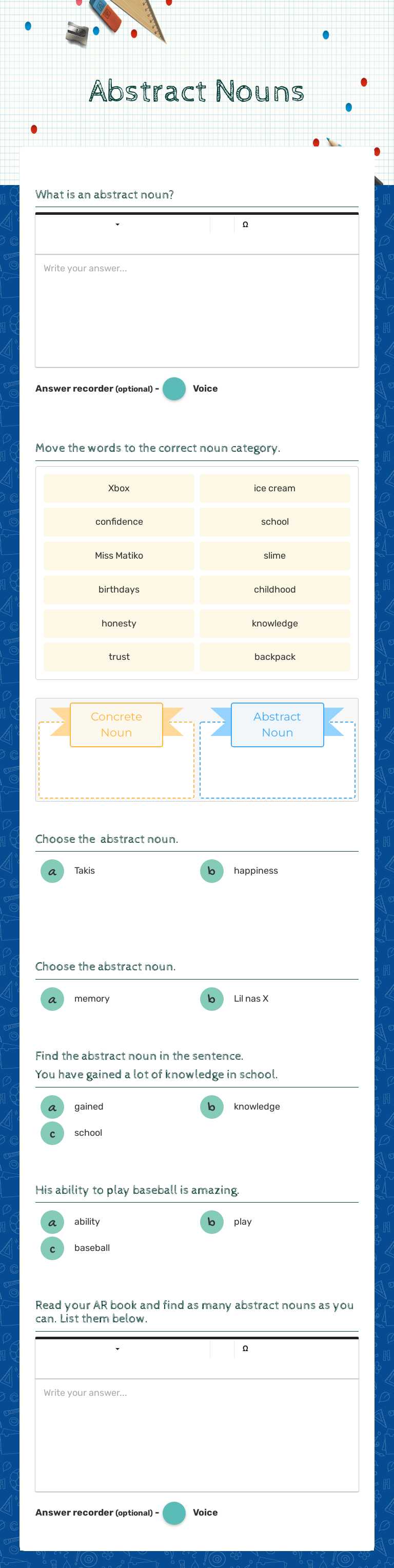 Abstract Nouns worksheet preview image