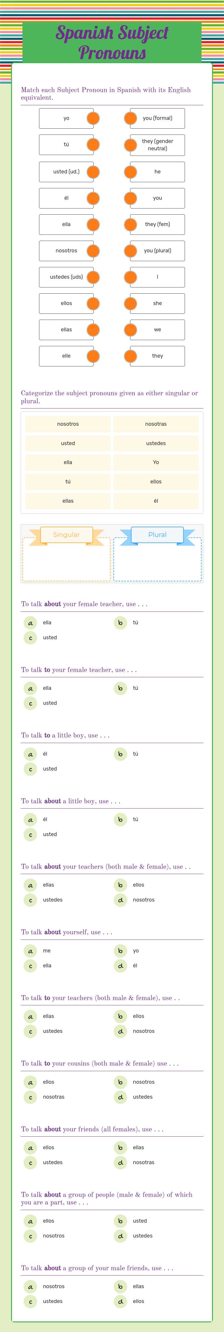 Spanish Subject Pronouns worksheet preview image