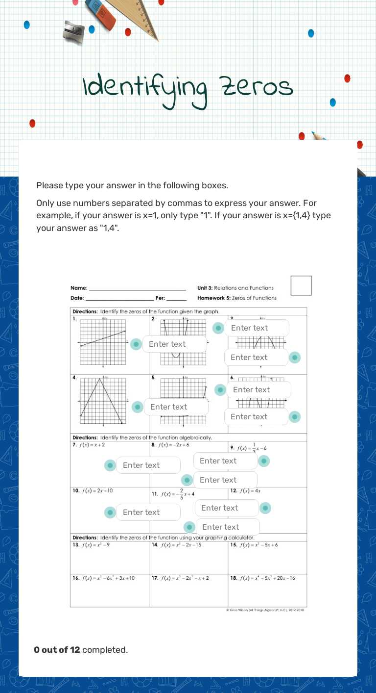 Identifying Zeros Grade 9 worksheet preview