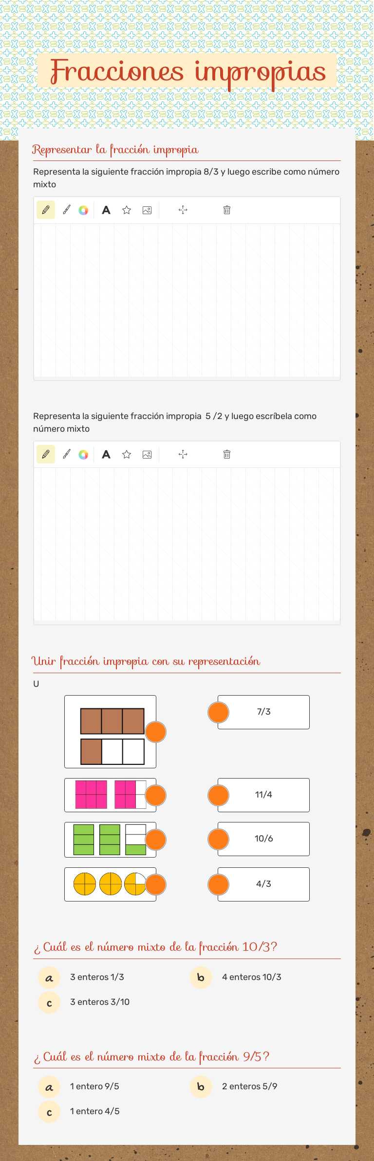 Fracciones impropias worksheet preview image