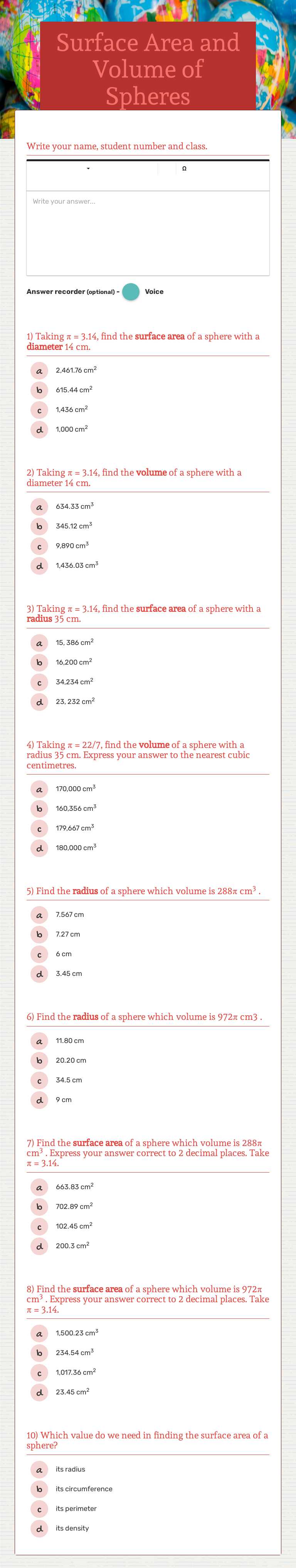 Surface Area and Volume of Spheres worksheet preview image