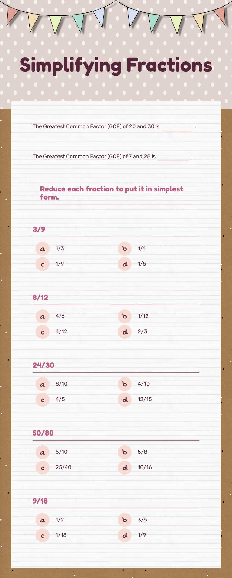 Simplifying Fractions worksheet preview image