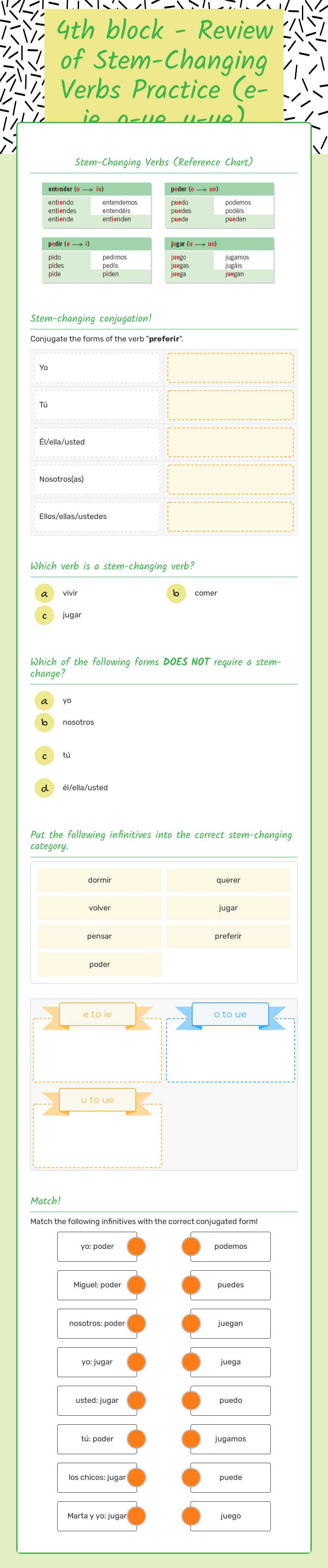 Review of Stem-Changing Verbs (e-ie, o-ue, e-i, u-ue) worksheet preview image