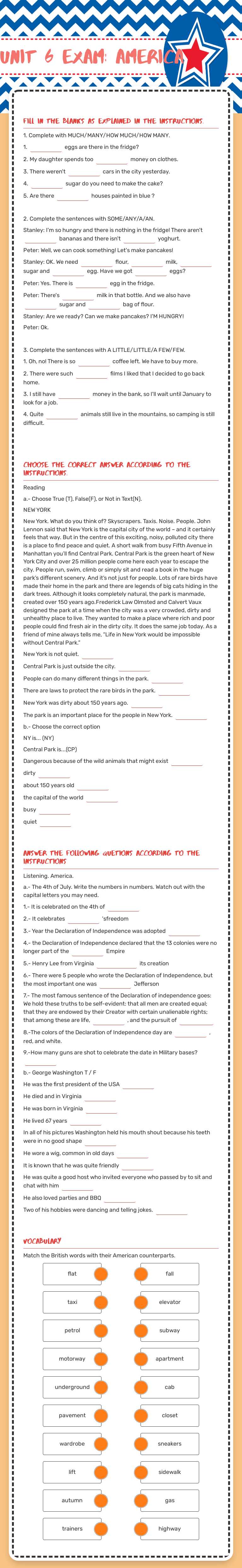 Unit 6 exam: America Other worksheet preview