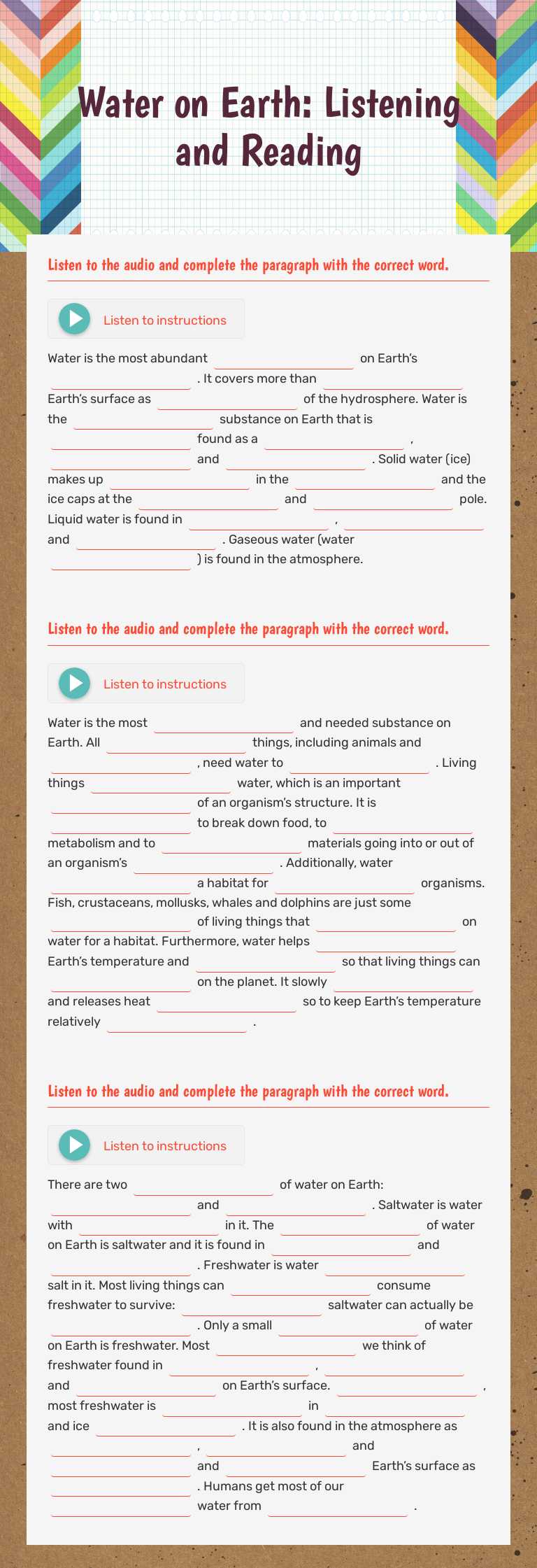 Water on Earth: Listening and Reading Grade 10 worksheet preview