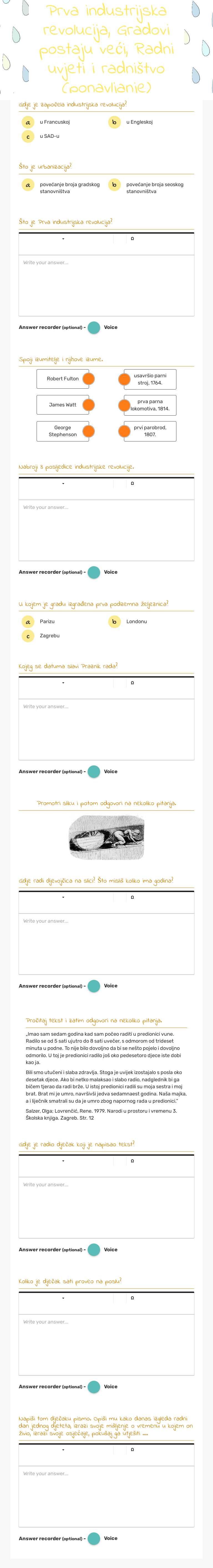 Prva industrijska revolucija, Gradovi postaju veći, Radni uvjeti i radništvo (ponavljanje) worksheet preview image