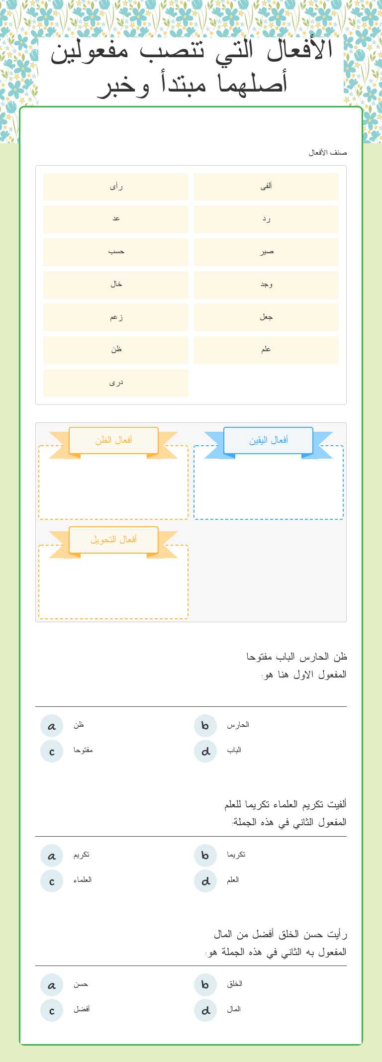 الأفعال التي تنصب مفعولين أصلهما مبتدأ وخبر worksheet preview image