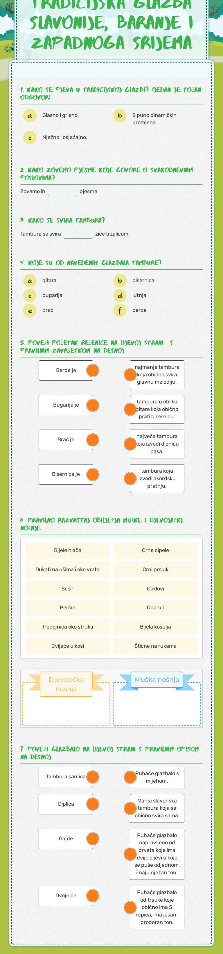 Tradicijska glazba Slavonije, Baranje i Zapadnoga Srijema worksheet preview image