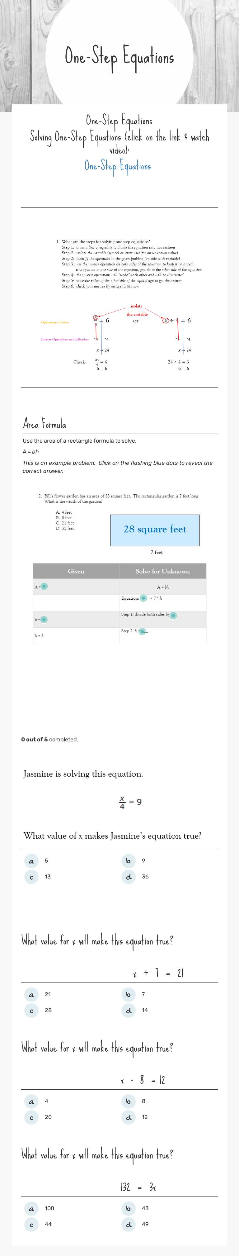 One-Step
Equations worksheet preview image