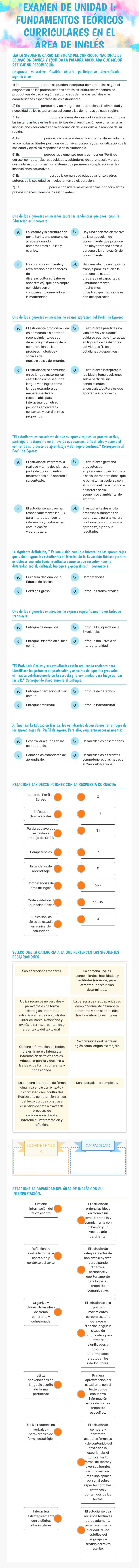 EXAMEN DE UNIDAD I: FUNDAMENTOS TEÓRICOS CURRICULARES EN EL ÁREA DE INGLÉS worksheet preview image