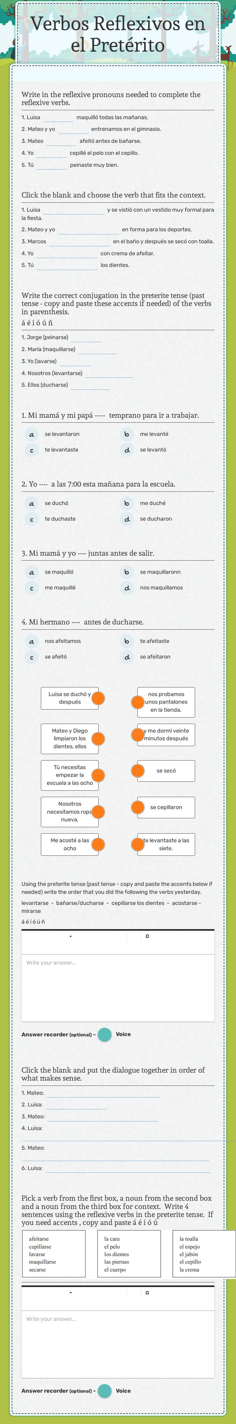 Verbos Reflexivos en el Pretérito worksheet preview image
