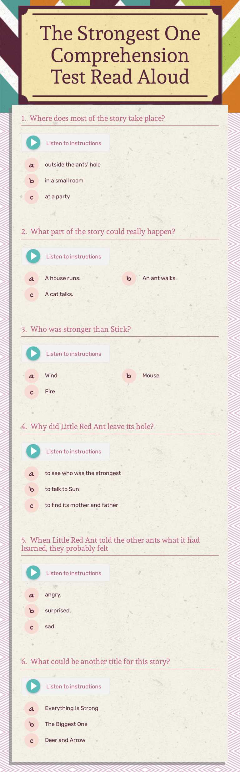 The Strongest One Comprehension Test Read Aloud worksheet preview image