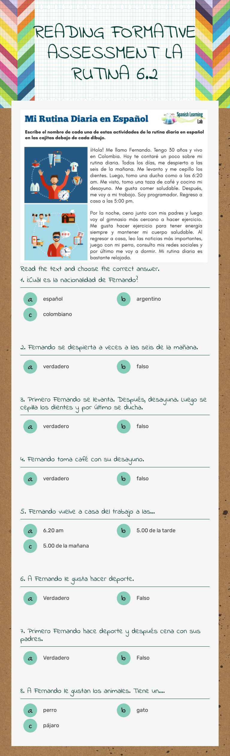 READING FORMATIVE ASSESSMENT LA RUTINA 6.2 Grade 6 worksheet preview