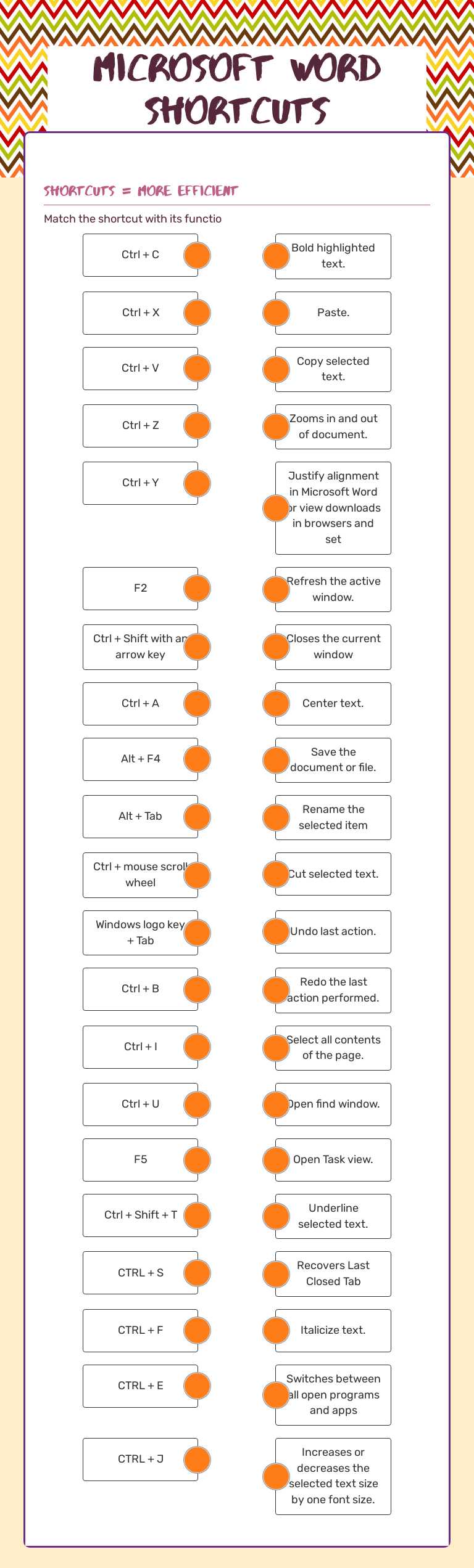 Microsoft word shortcuts worksheet preview image