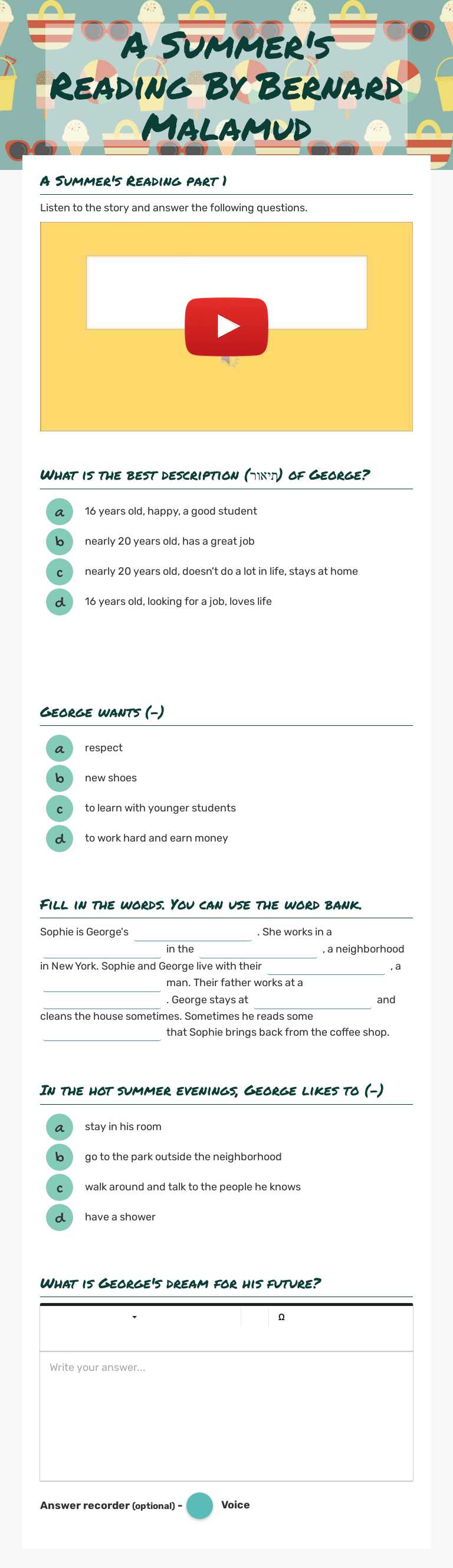 A Summer's Reading By Bernard Malamud worksheet preview image