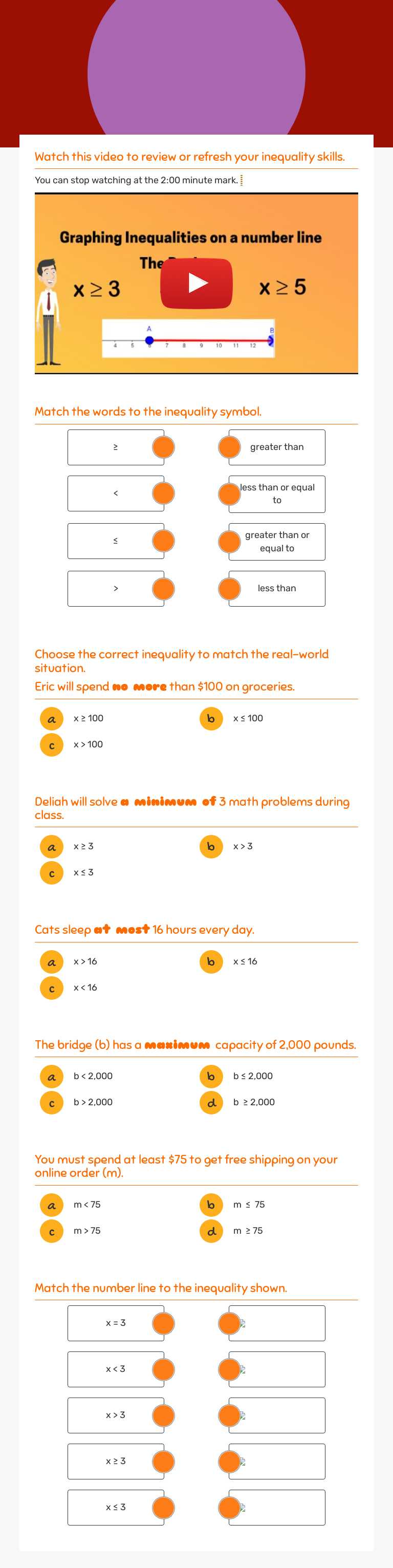 Inequalities Grade 5 worksheet preview
