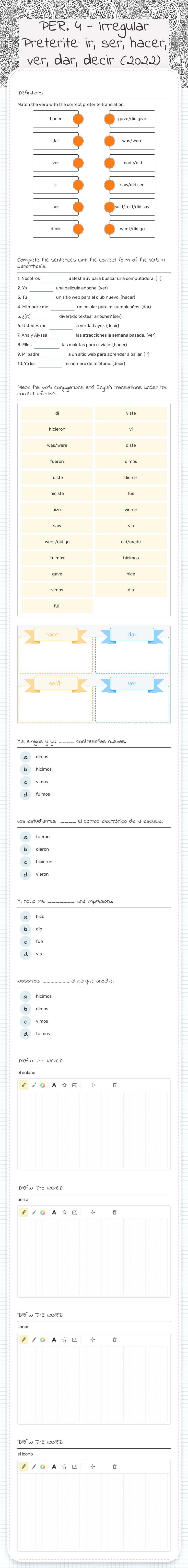 PER. 4 -  Irregular Preterite:  ir, ser, hacer, ver, dar, decir (2022) Grade 10 worksheet preview