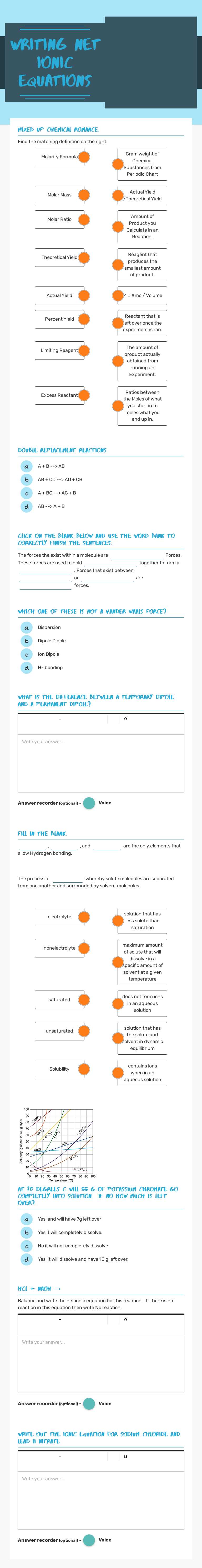 Writing Net ionic equations worksheet preview image
