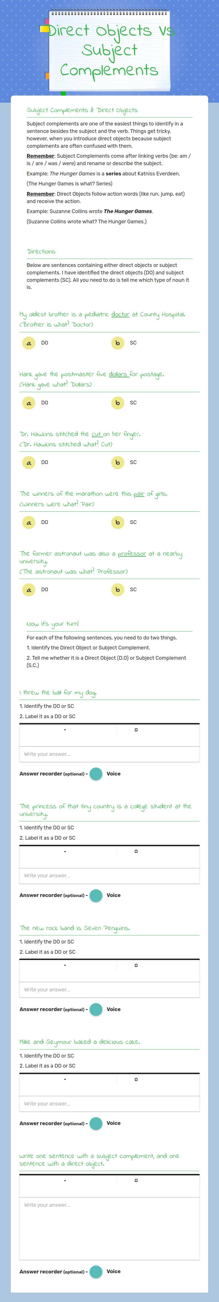 Direct Objects Vs Subject Complements worksheet preview image