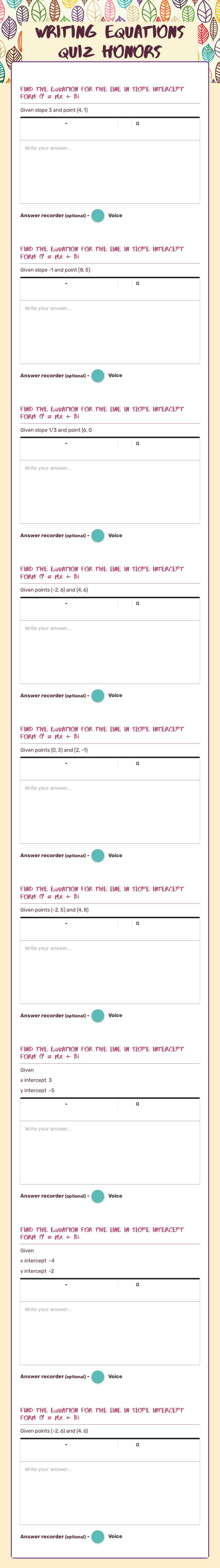 Writing equations Quiz honors Grade 8 worksheet preview