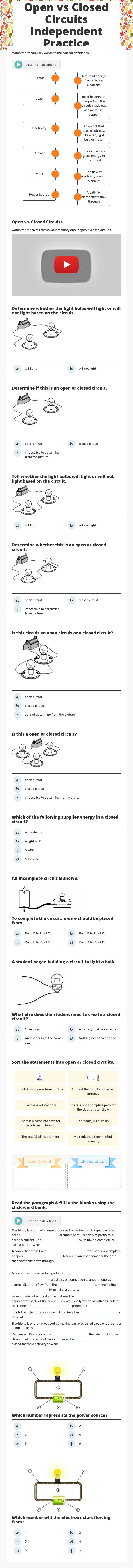 Open vs Closed Circuits Independent Practice worksheet preview image