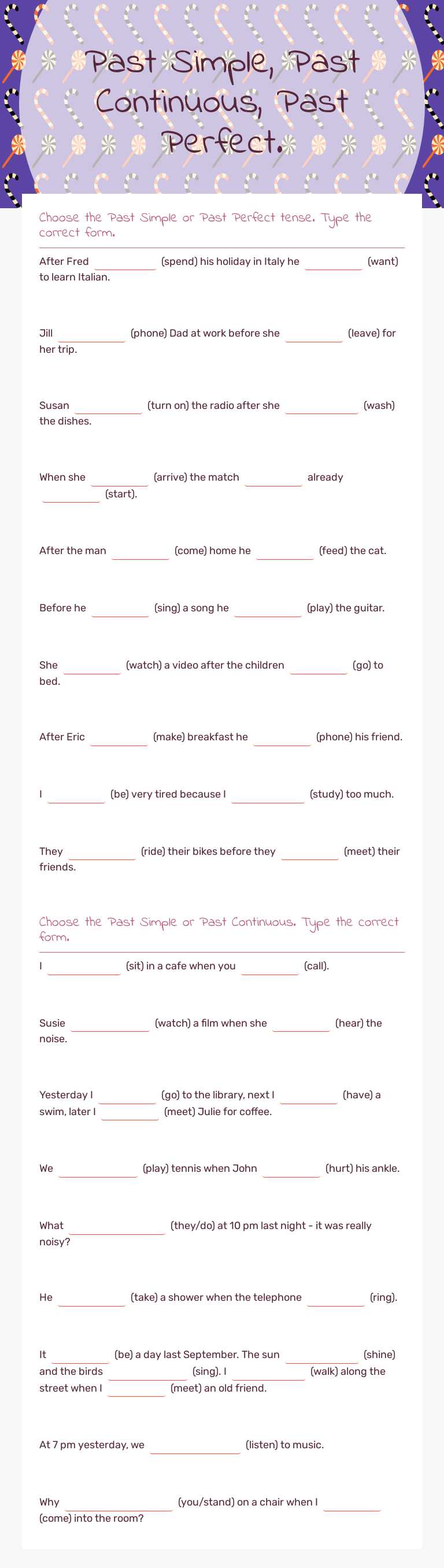 Past Simple, Past Continuous, Past Perfect. worksheet preview image