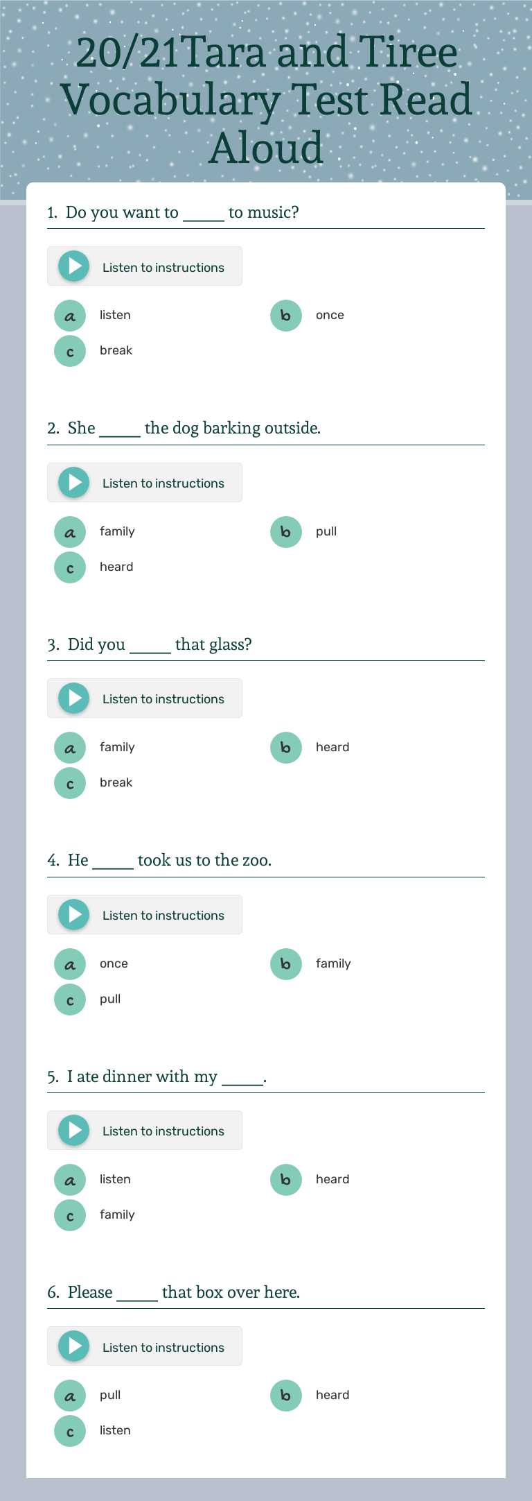 20/21Tara and Tiree Vocabulary Test Read Aloud Grade 2 worksheet preview