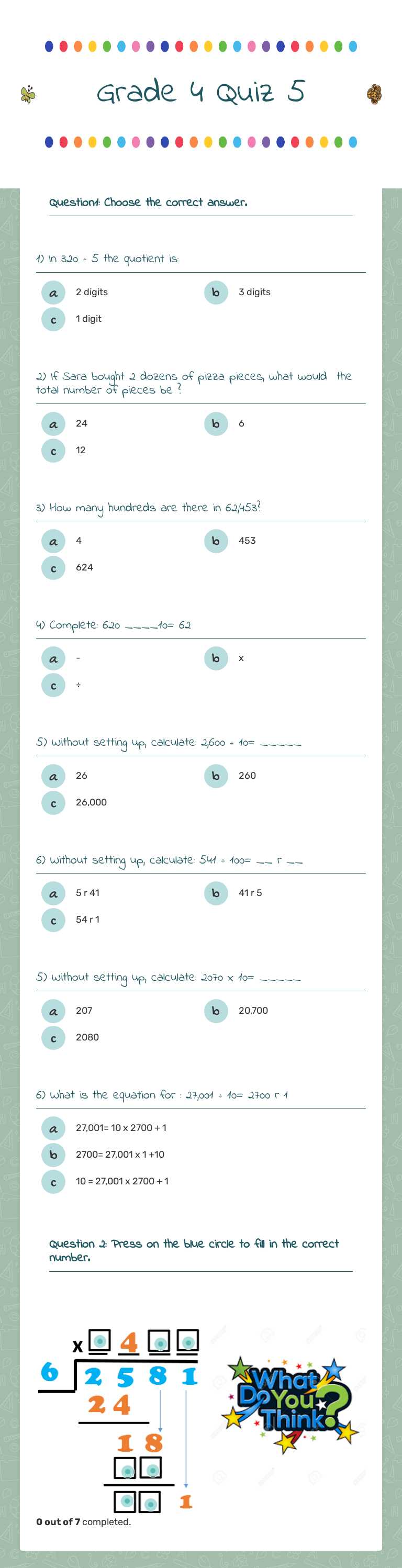 Grade 4 Quiz 5 worksheet preview image