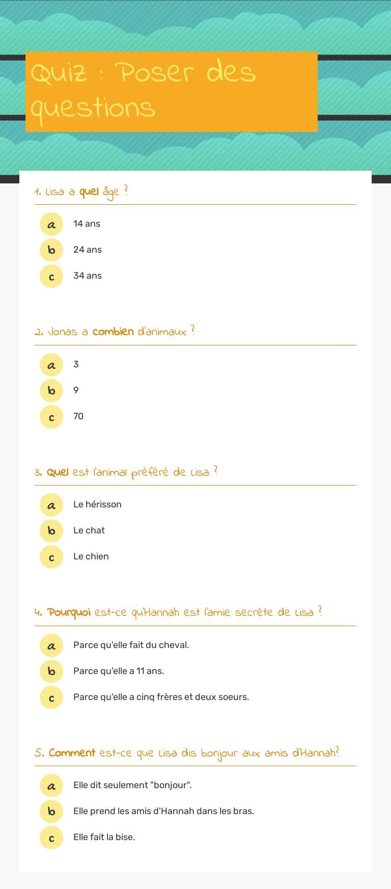 Quiz :
Poser des questions worksheet preview image