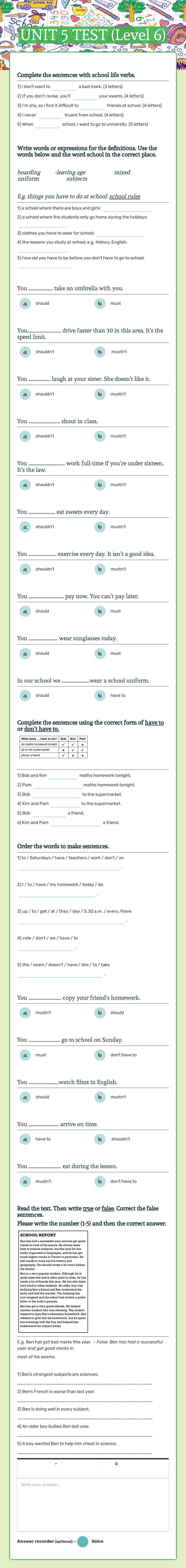 UNIT 5 TEST (Level 6) worksheet preview image