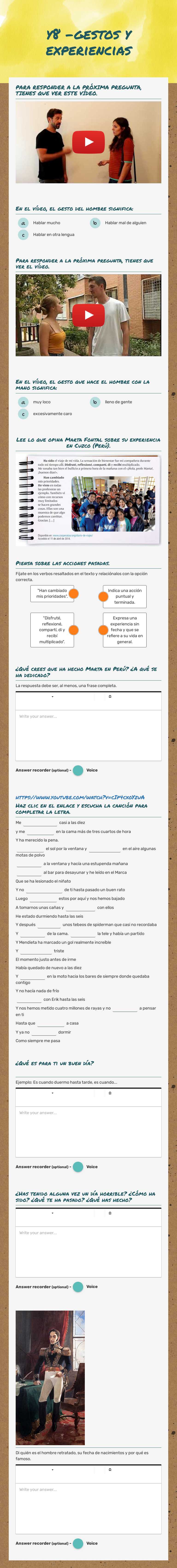 y8 -gestos y experiencias Grade 8 worksheet preview