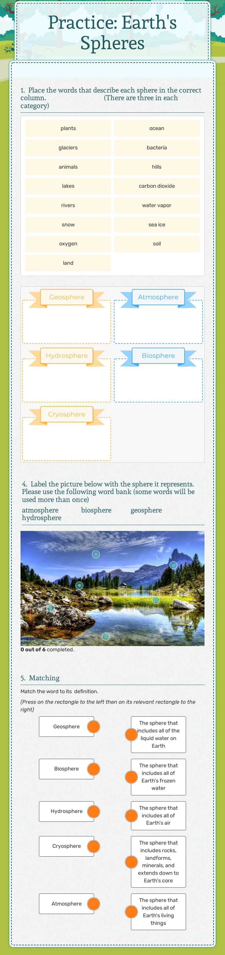 Practice: Earth's Spheres Grade 6 worksheet preview