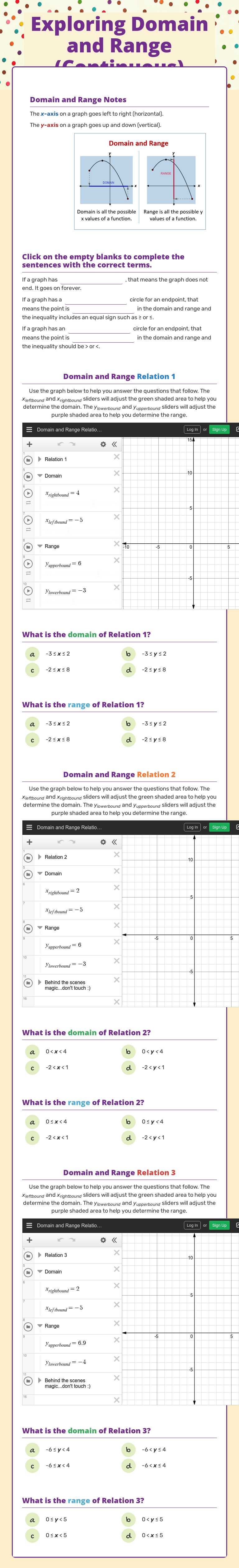 Exploring Domain and Range (Continuous) worksheet preview image