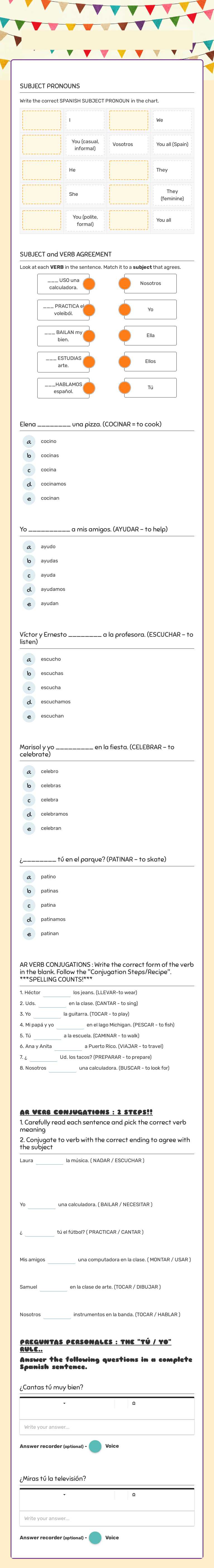 UNIDAD 2 : SUBJECT PRONOUNS AND AR VERBS QUIZ!! worksheet preview image