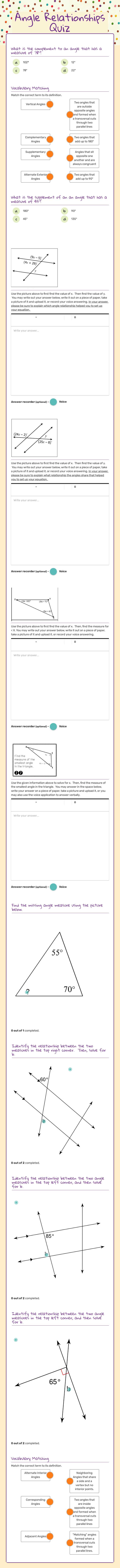 Angle Relationships Quiz worksheet preview image